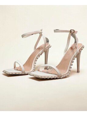 Rhinestone Embellished White High Heel Sandals With Ankle Strap & Square Toe Des